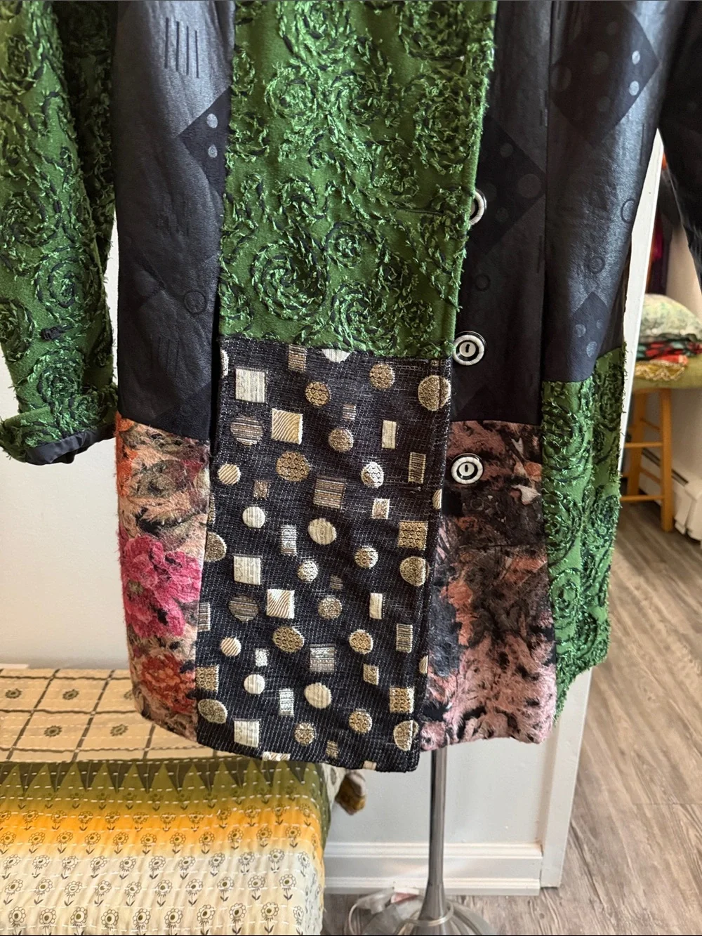 Adore Mixed Media Coat Size M Green Black Art To Wear Boho